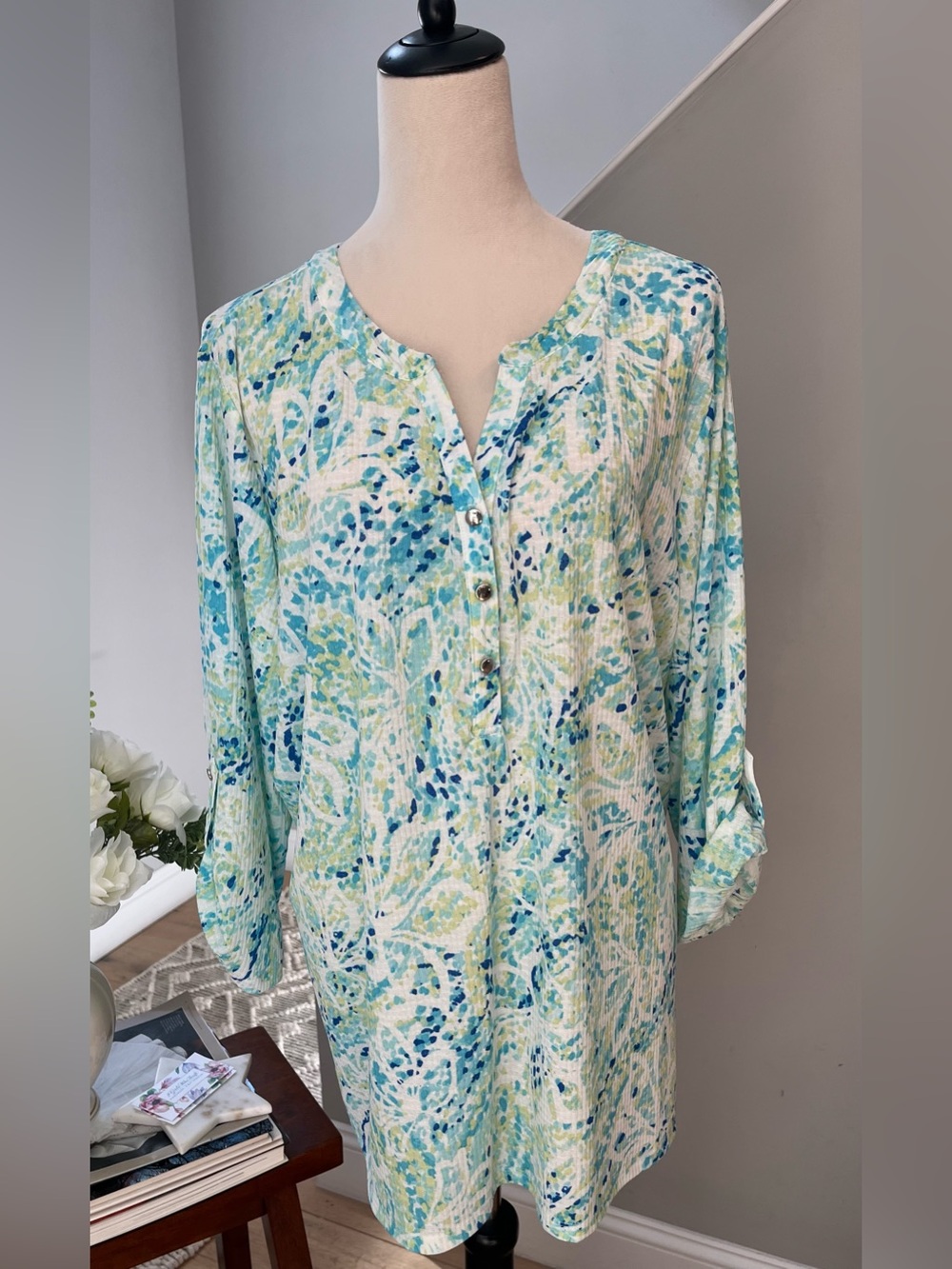 Womens Aqua Leaf-Print Henley Tunic
